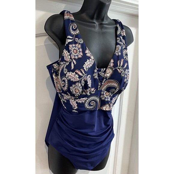 Lands End Paisley Tugless Low Leg Molded Soft Cup One Piece Swimsuit 16 Beach - Picture 4 of 14